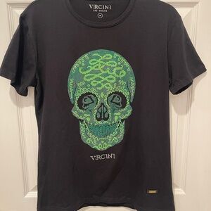 Vercini Las Vegas Black Tee with Green Rhinestone Skull Design